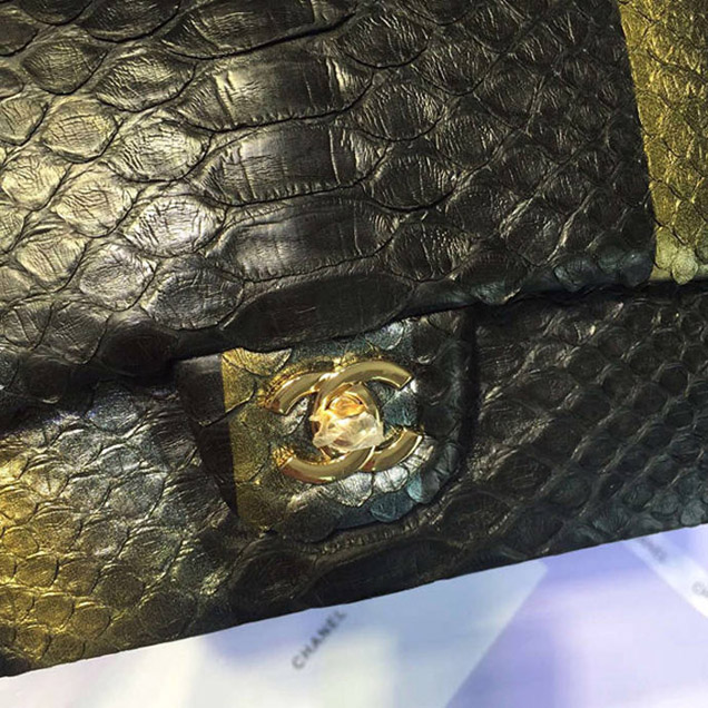 Chanel Python Classic Flap Bag A1112 Gold Black Gold-Tone Metal