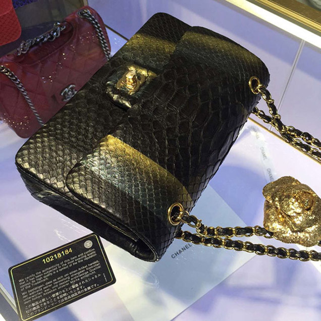Chanel Python Classic Flap Bag A1112 Gold Black Gold-Tone Metal