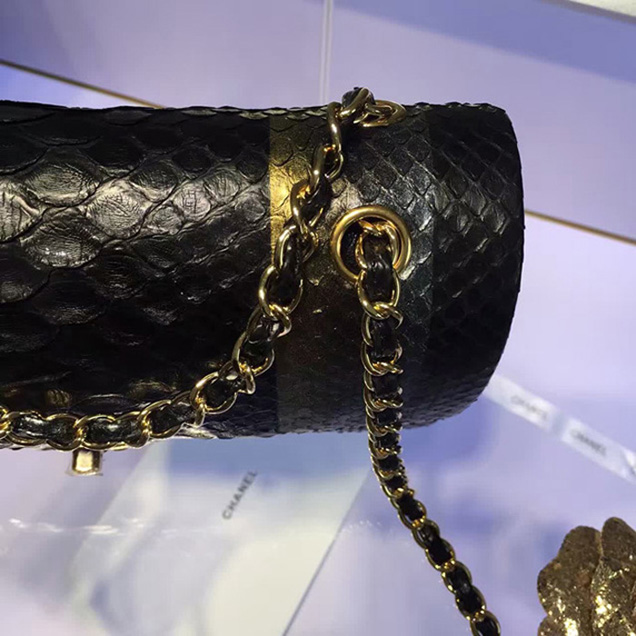 Chanel Python Classic Flap Bag A1112 Gold Black Gold-Tone Metal