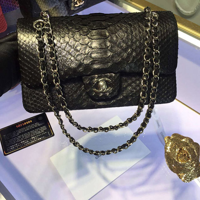 Chanel Python Classic Flap Bag A1112 Black Silver-Tone Metal