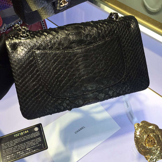 Chanel Python Classic Flap Bag A1112 Black Silver-Tone Metal
