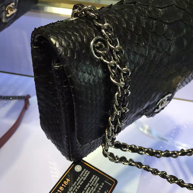 Chanel Python Classic Flap Bag A1112 Black Silver-Tone Metal
