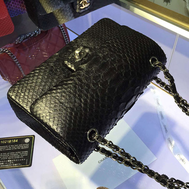 Chanel Python Classic Flap Bag A1112 Black Silver-Tone Metal