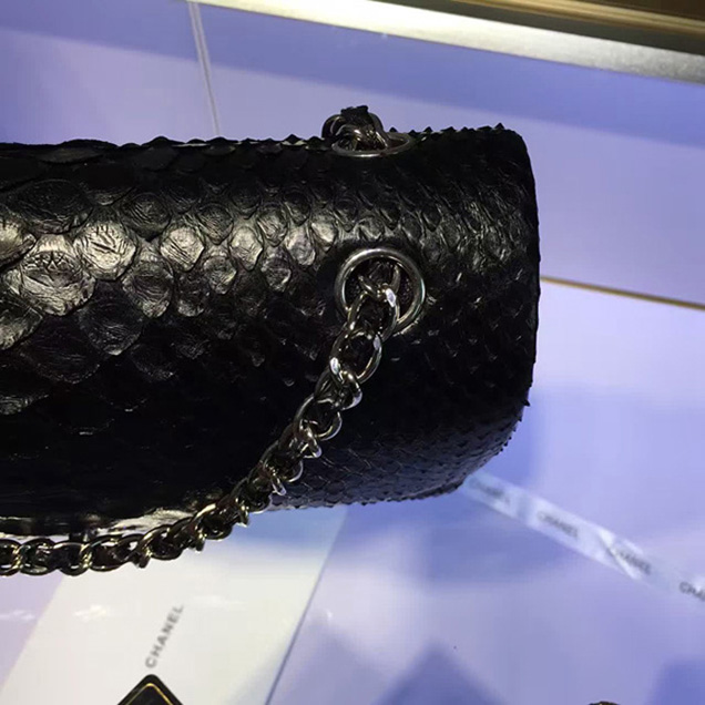 Chanel Python Classic Flap Bag A1112 Black Silver-Tone Metal