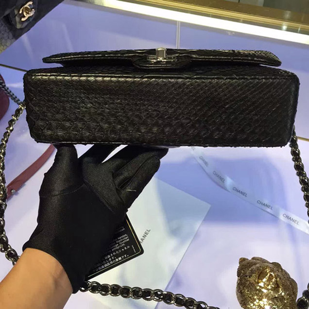 Chanel Python Classic Flap Bag A1112 Black Silver-Tone Metal