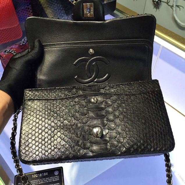 Chanel Python Classic Flap Bag A1112 Black Silver-Tone Metal