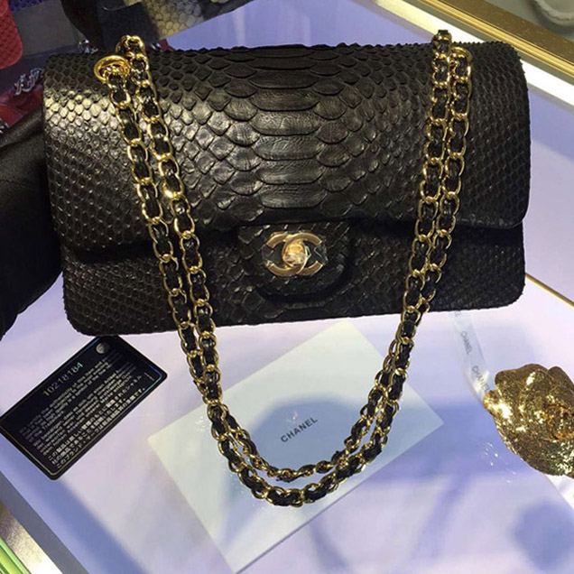 Chanel Python Classic Flap Bag A1112 Black Gold-Tone Metal