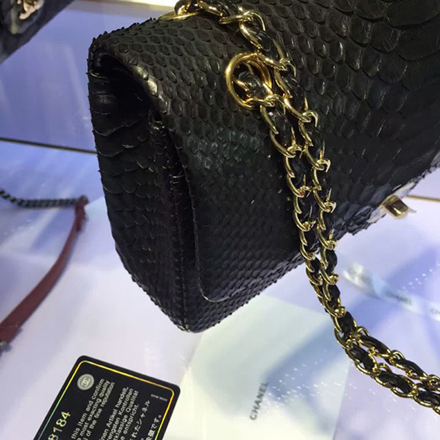 Chanel Python Classic Flap Bag A1112 Black Gold-Tone Metal