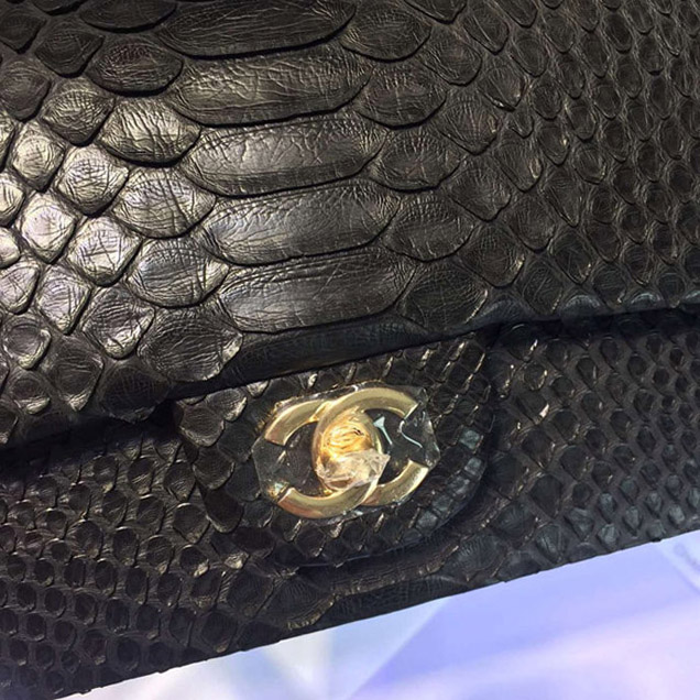 Chanel Python Classic Flap Bag A1112 Black Gold-Tone Metal