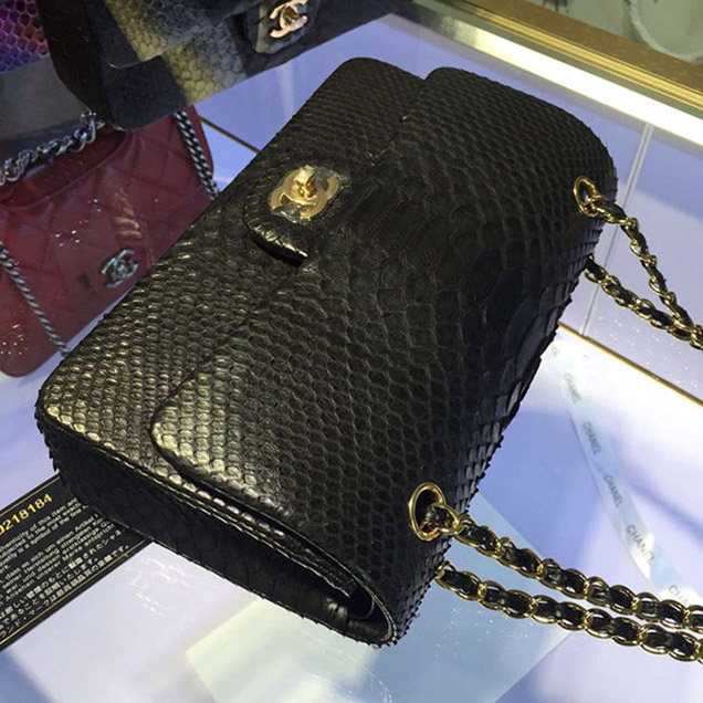 Chanel Python Classic Flap Bag A1112 Black Gold-Tone Metal