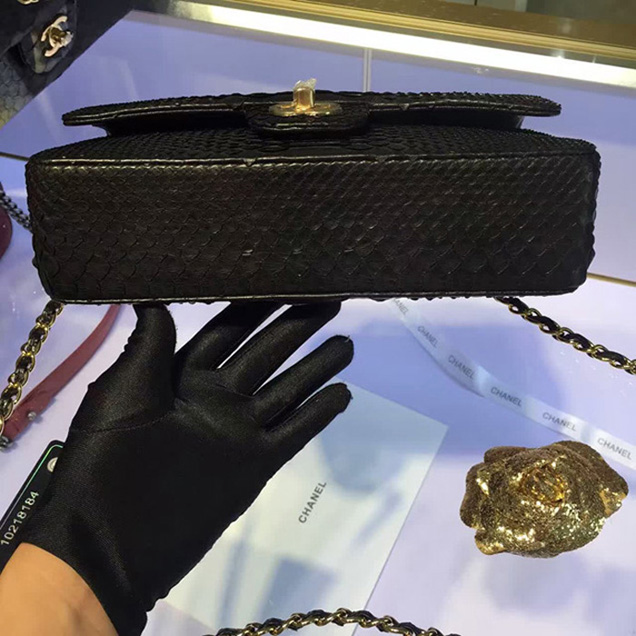 Chanel Python Classic Flap Bag A1112 Black Gold-Tone Metal