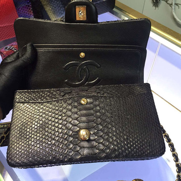 Chanel Python Classic Flap Bag A1112 Black Gold-Tone Metal