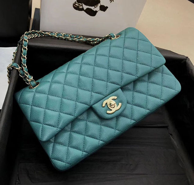 Chanel Classic Flap Bag Tiffany Blue Grained Calfskin Gold-Tone Metal