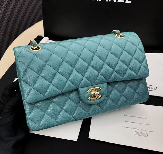Chanel Classic Flap Bag Tiffany Blue Grained Calfskin Gold-Tone Metal