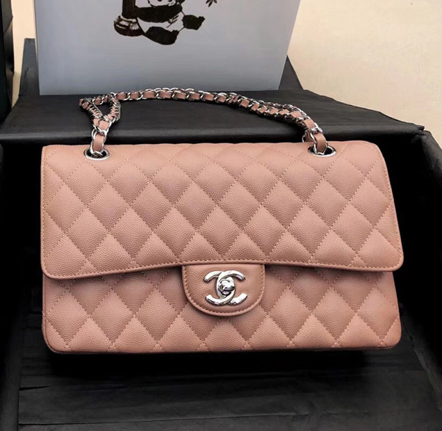 Chanel Classic Flap Bag Khaki Grained Calfskin Silver-Tone Metal 2019