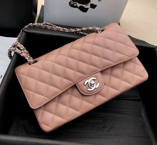 Chanel Classic Flap Bag Khaki Grained Calfskin Silver-Tone Metal 2019