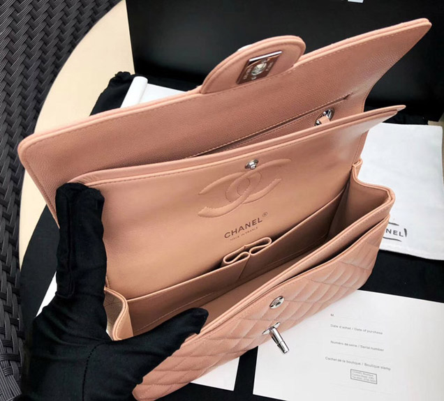 Chanel Classic Flap Bag Khaki Grained Calfskin Silver-Tone Metal 2019