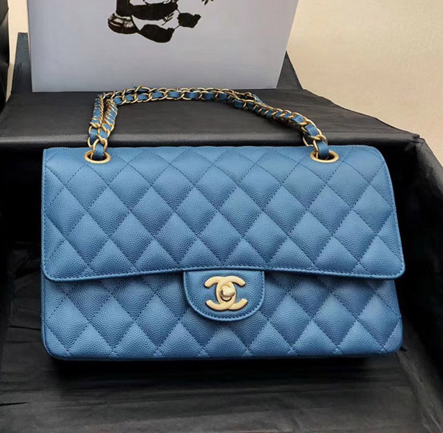 Chanel Classic Flap Bag Blue Grained Calfskin Gold-Tone Metal 2019