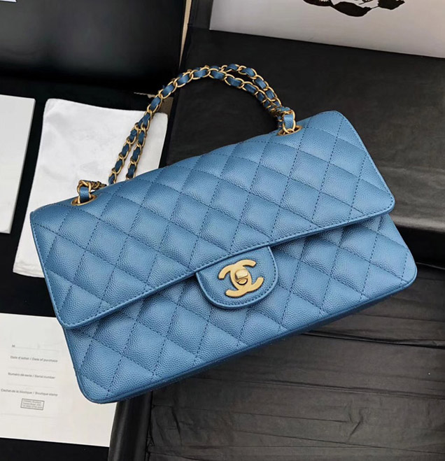 Chanel Classic Flap Bag Blue Grained Calfskin Gold-Tone Metal 2019