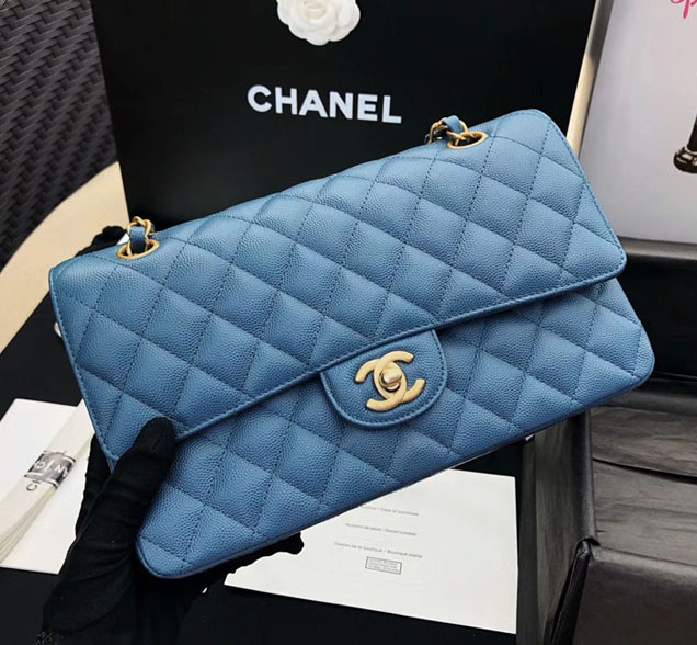 Chanel Classic Flap Bag Blue Grained Calfskin Gold-Tone Metal 2019