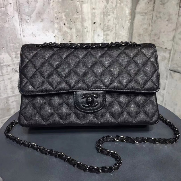 Chanel Classic Flap Bag Black Grained Calfskin Black-Tone Metal