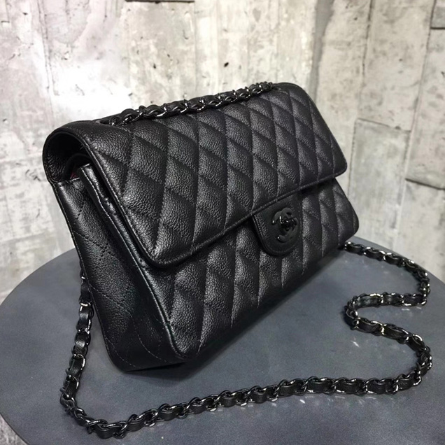 Chanel Classic Flap Bag Black Grained Calfskin Black-Tone Metal
