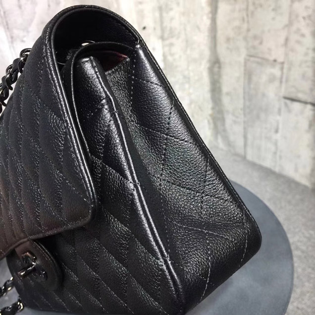 Chanel Classic Flap Bag Black Grained Calfskin Black-Tone Metal