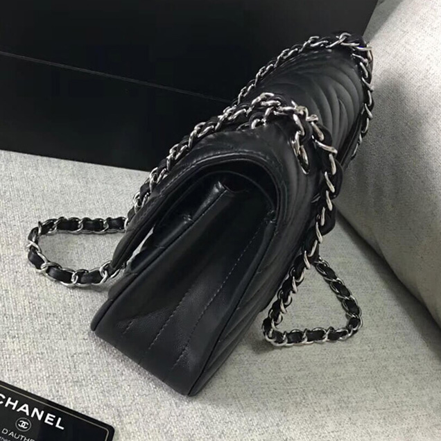 Chanel Chevron Classic Flap Bag Black Lambskin Silver-Tone Metal