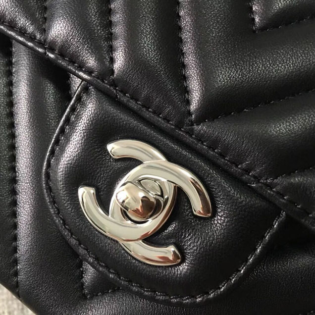 Chanel Chevron Classic Flap Bag Black Lambskin Silver-Tone Metal