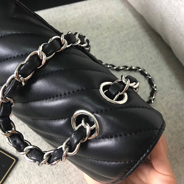 Chanel Chevron Classic Flap Bag Black Lambskin Silver-Tone Metal