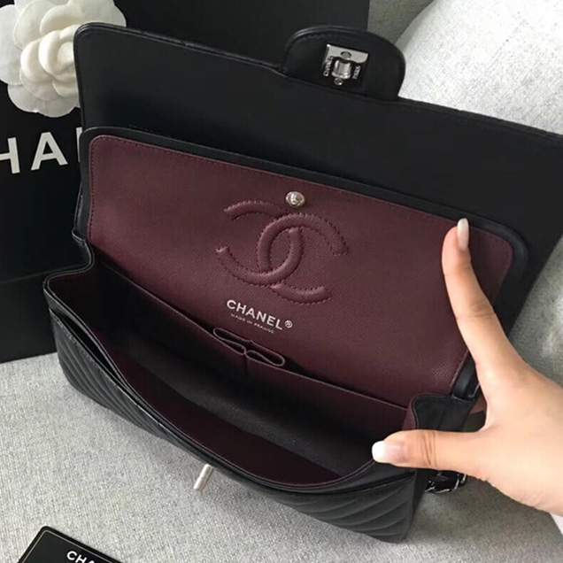 Chanel Chevron Classic Flap Bag Black Lambskin Silver-Tone Metal