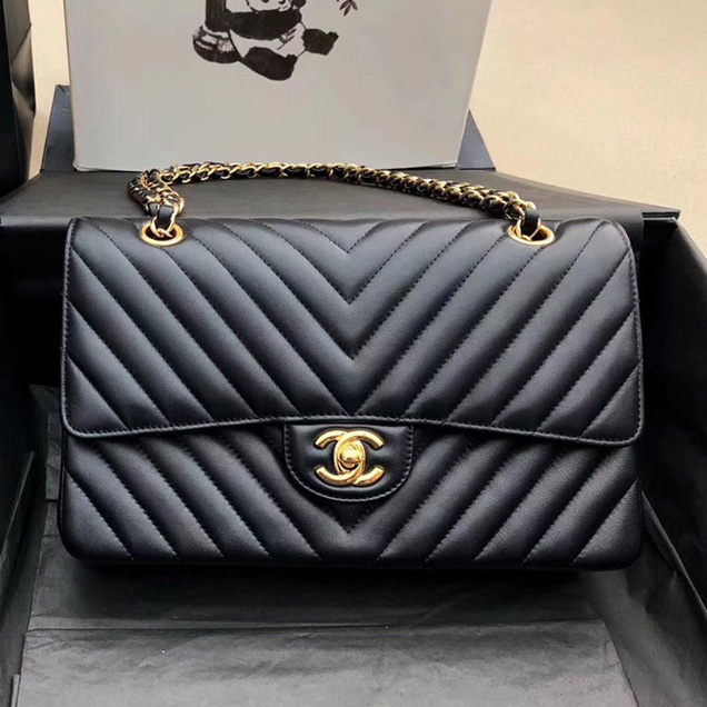 Chanel Chevron Classic Flap Bag Black Lambskin Gold-Tone Metal