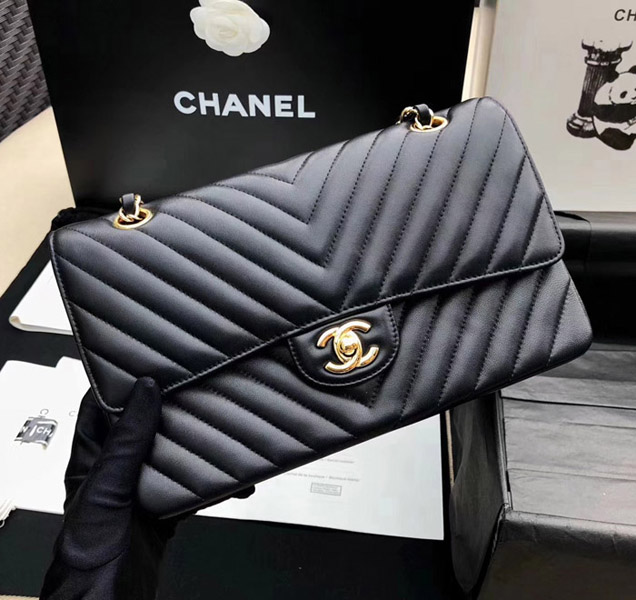 Chanel Chevron Classic Flap Bag Black Lambskin Gold-Tone Metal