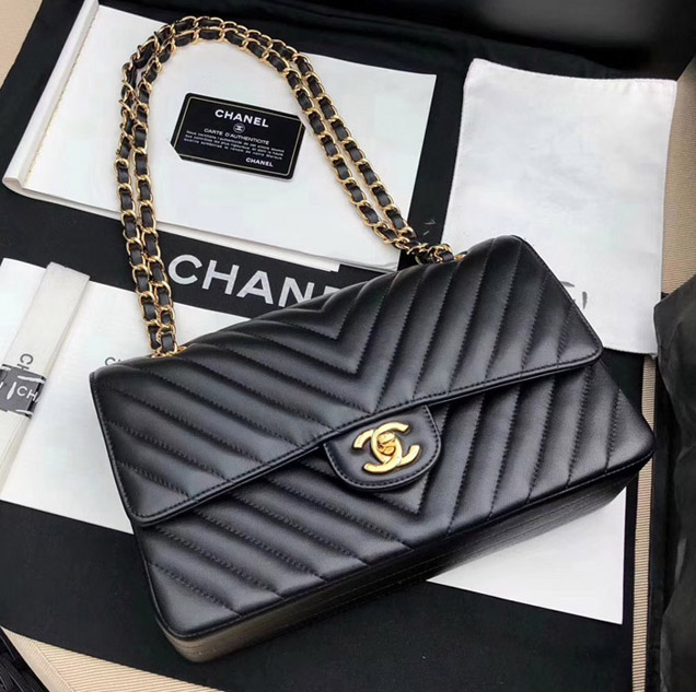 Chanel Chevron Classic Flap Bag Black Lambskin Gold-Tone Metal