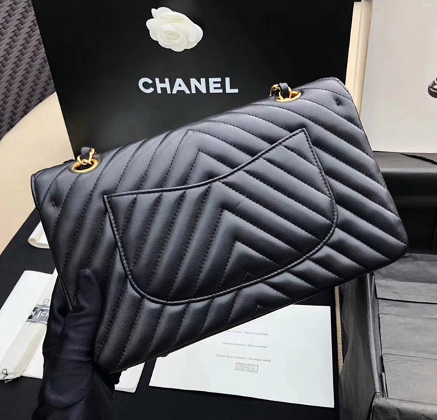 Chanel Chevron Classic Flap Bag Black Lambskin Gold-Tone Metal