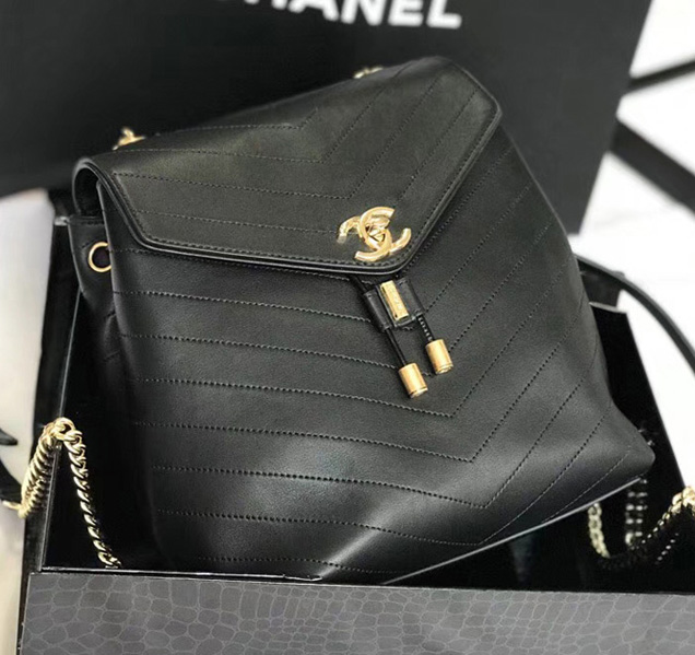 Chanel Calfskin Black Backpack A57555 Y83835 Gold-Tone Metal
