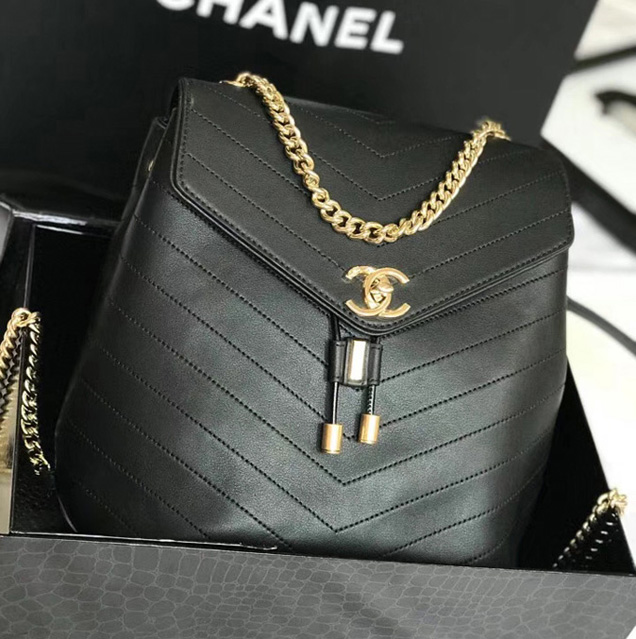 Chanel Calfskin Black Backpack A57555 Y83835 Gold-Tone Metal