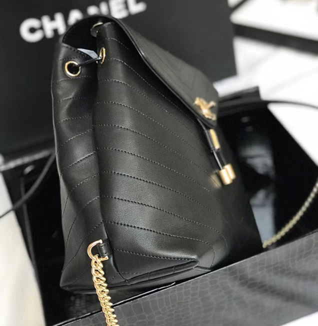 Chanel Calfskin Black Backpack A57555 Y83835 Gold-Tone Metal