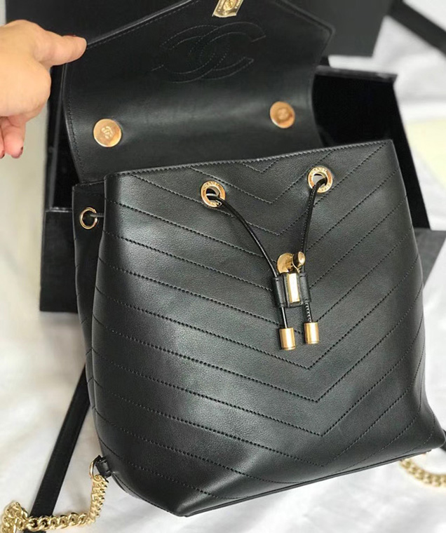Chanel Calfskin Black Backpack A57555 Y83835 Gold-Tone Metal