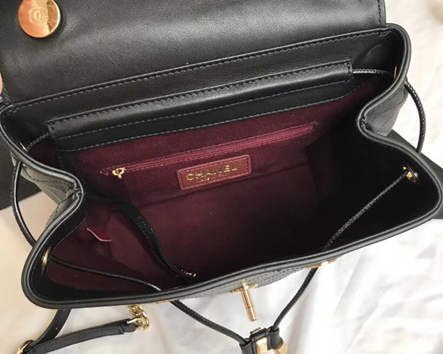 Chanel Calfskin Black Backpack A57555 Y83835 Gold-Tone Metal