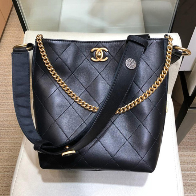 Chanel Button Up Calfskin & Grosgrain Hobo Handbag A57573 Black 2018