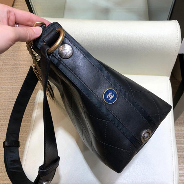 Chanel Button Up Calfskin & Grosgrain Hobo Handbag A57573 Black 2018