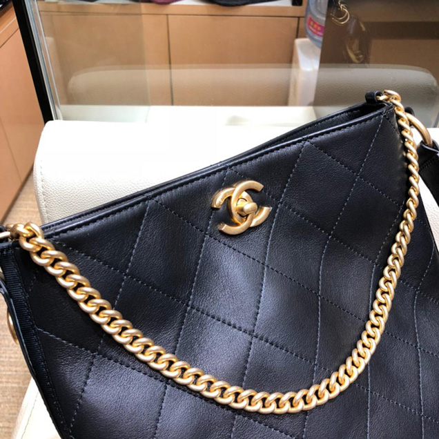 Chanel Button Up Calfskin & Grosgrain Hobo Handbag A57573 Black 2018