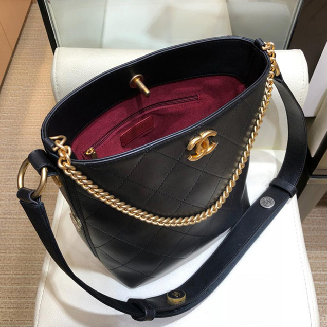 Chanel Button Up Calfskin & Grosgrain Hobo Handbag A57573 Black 2018