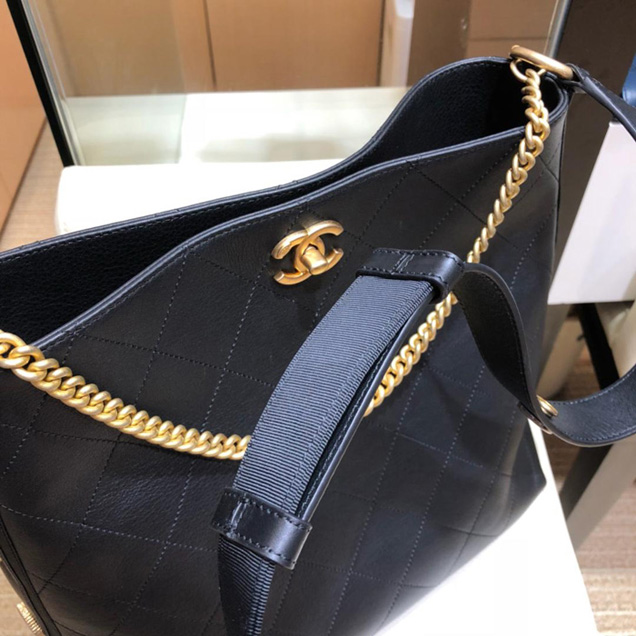 Chanel Button Up Calfskin & Grosgrain Hobo Handbag A57576 Black 2018