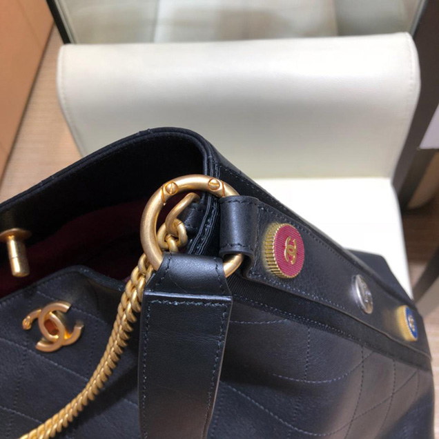 Chanel Button Up Calfskin & Grosgrain Hobo Handbag A57576 Black 2018