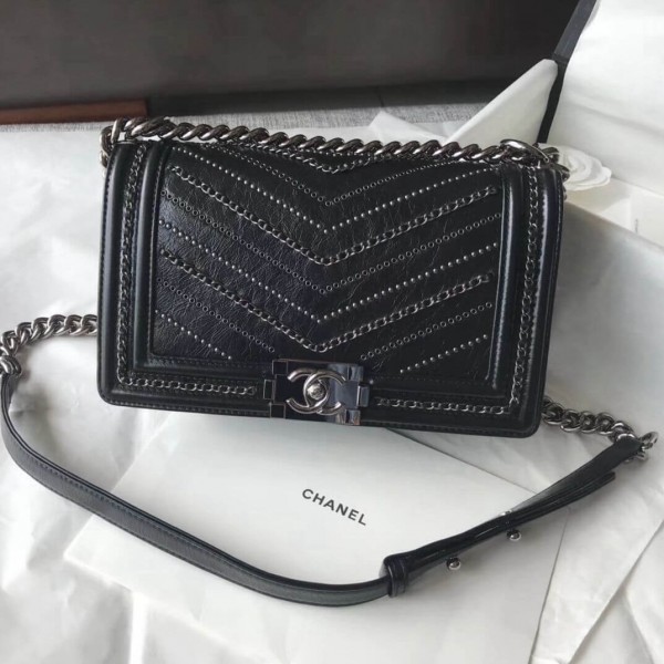 Chanel Studs & Chain Calfskin Medium Boy Chanel Bag Black 2018 Collection