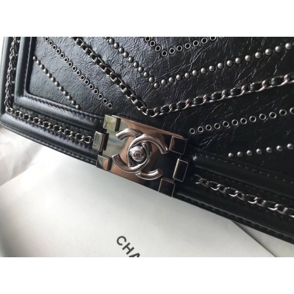 Chanel Studs & Chain Calfskin Medium Boy Chanel Bag Black 2018 Collection