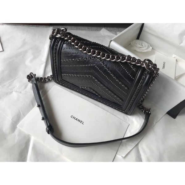 Chanel Studs & Chain Calfskin Medium Boy Chanel Bag Black 2018 Collection