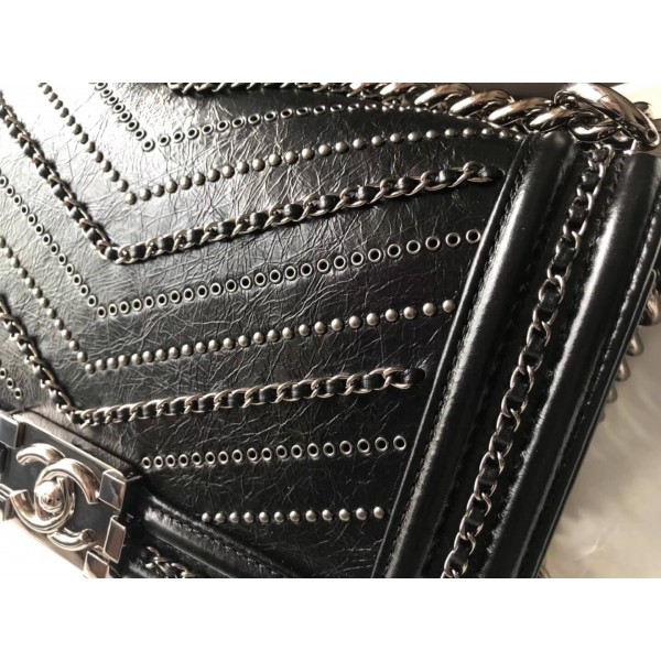 Chanel Studs & Chain Calfskin Medium Boy Chanel Bag Black 2018 Collection